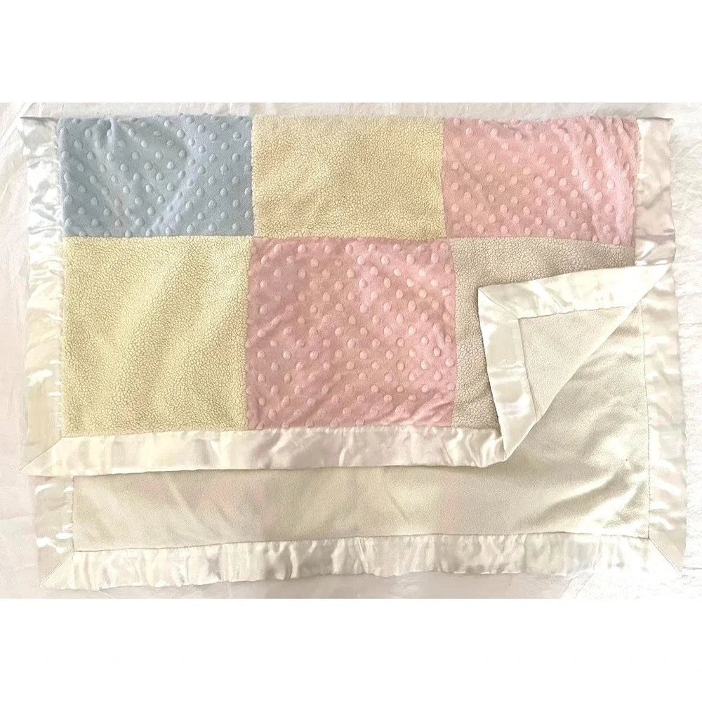 First Impressions Plush Patchwork Baby Blanket Unisex Blue Pink Yellow Satin